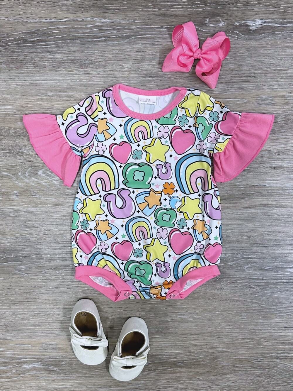 One of a Kind - Littlest Lucky Charm Pink Ruffle Girls Baby Bubble Romper Size 6-12 Months - Sydney So Sweet