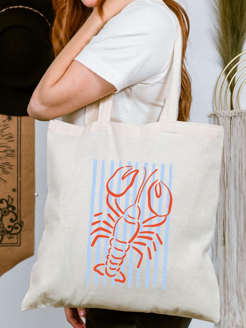 Lobster Stripe Cotton Canvas Tote Bag Beachy Nautical Grocery Shopper