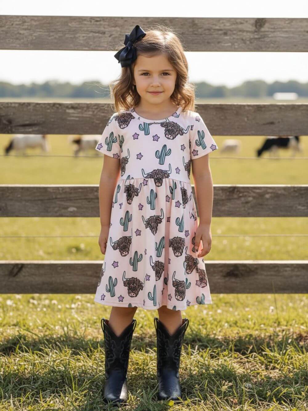 Girl wearing pink longhorn and cactus skater dress