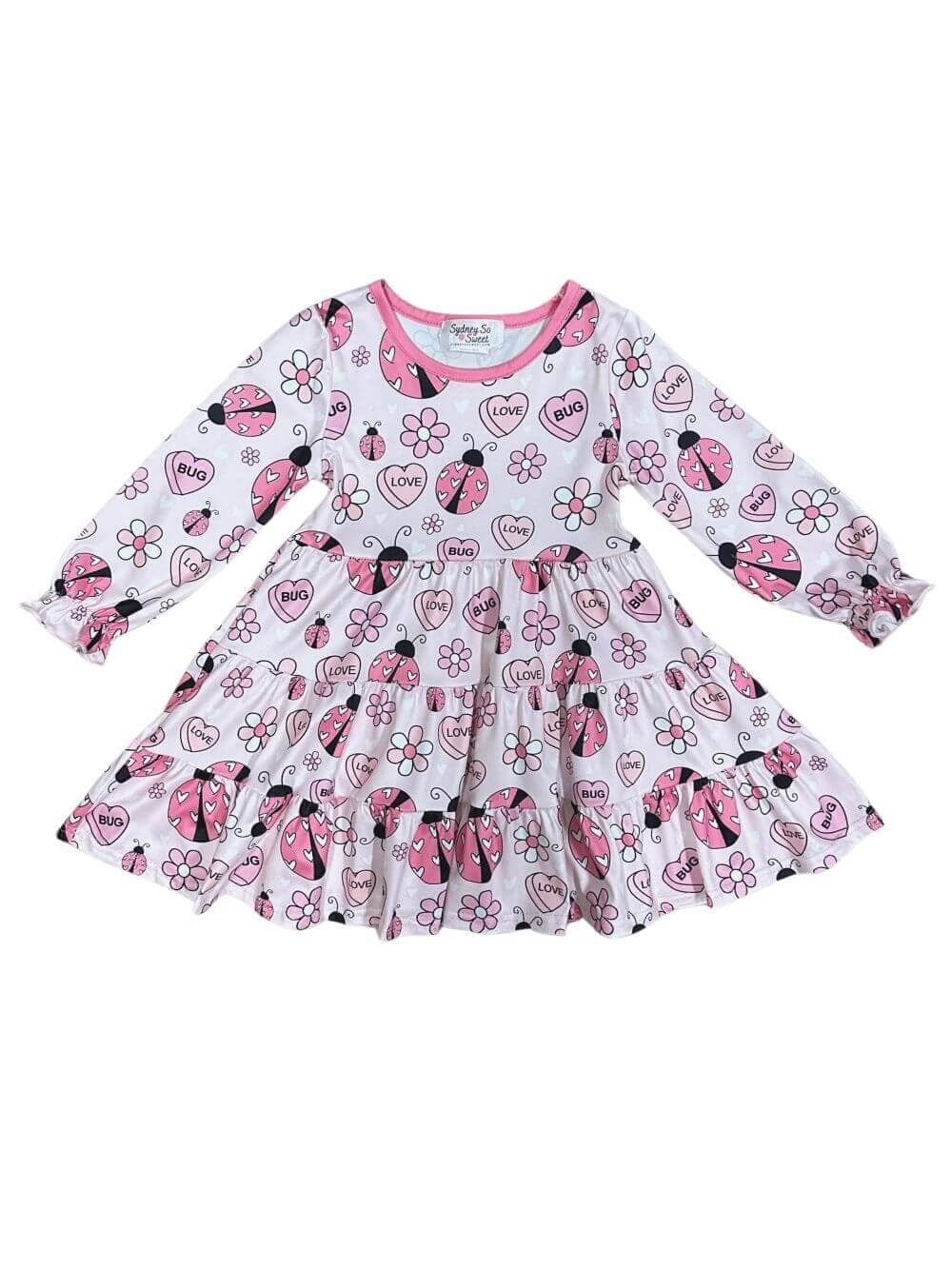 Love Bug Ladybug Pink Floral Ruffle Valentine's Day Girls Dress - Sydney So Sweet