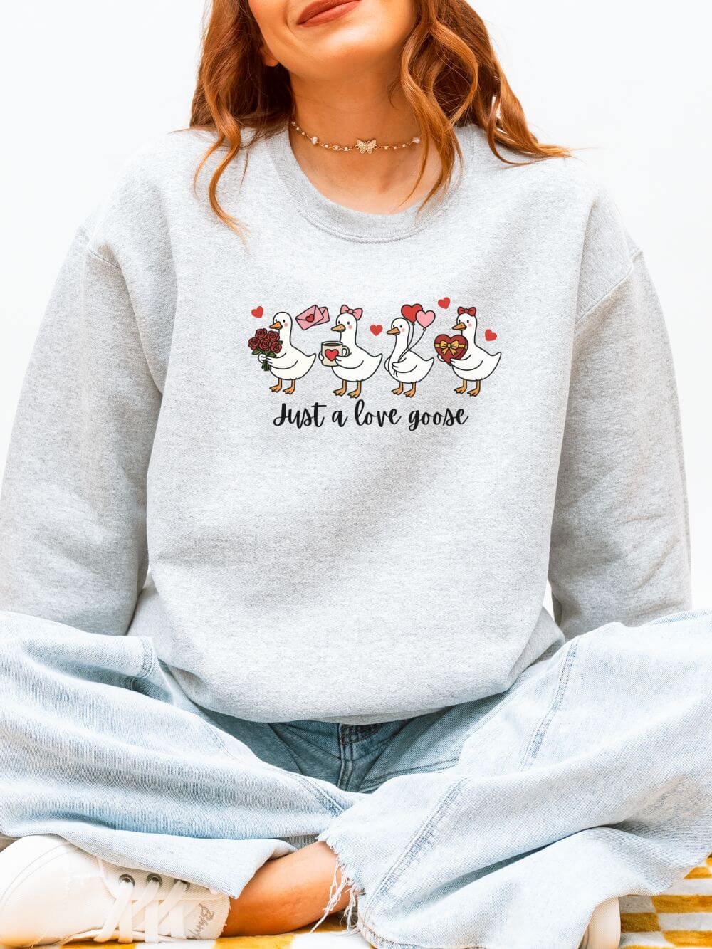 Just a Love Goose Valentine's Day Women's Heavy Blend Cozy Crewneck Embroidered Sweatshirt - Sydney So Sweet