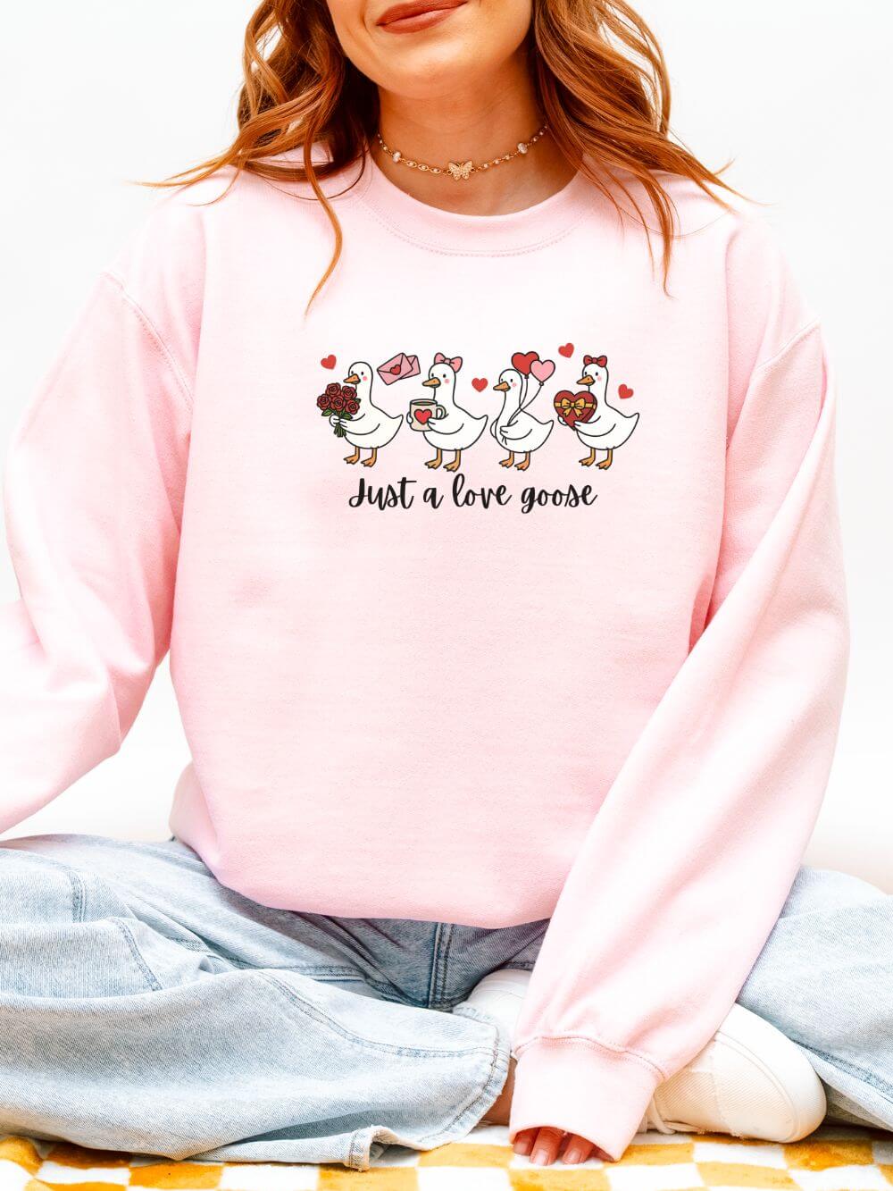 Just a Love Goose Valentine's Day Women's Heavy Blend Cozy Crewneck Embroidered Sweatshirt - Sydney So Sweet