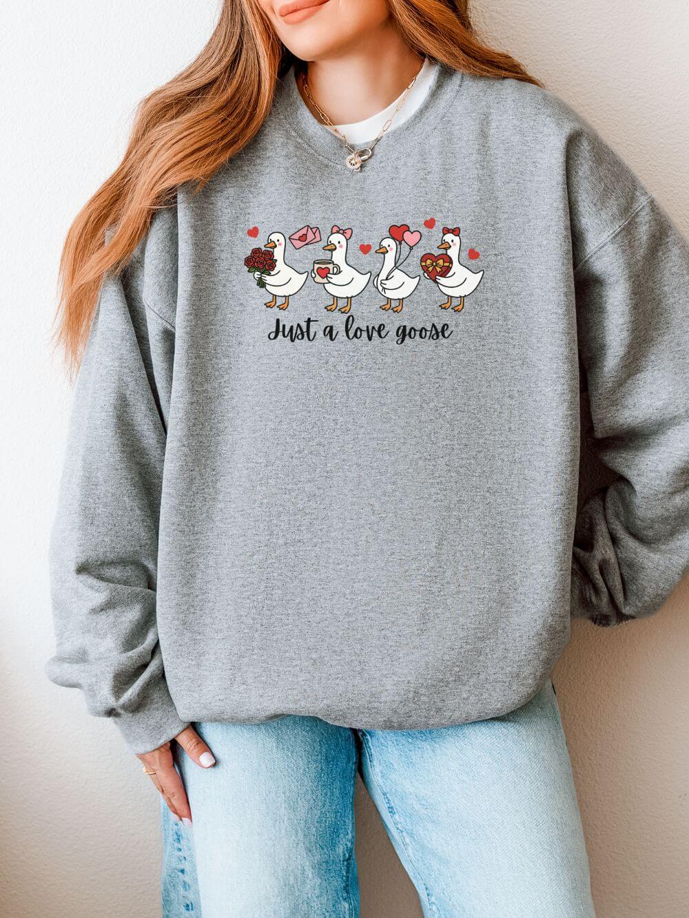 Just a Love Goose Valentine's Day Women's Heavy Blend Cozy Crewneck Embroidered Sweatshirt - Sydney So Sweet