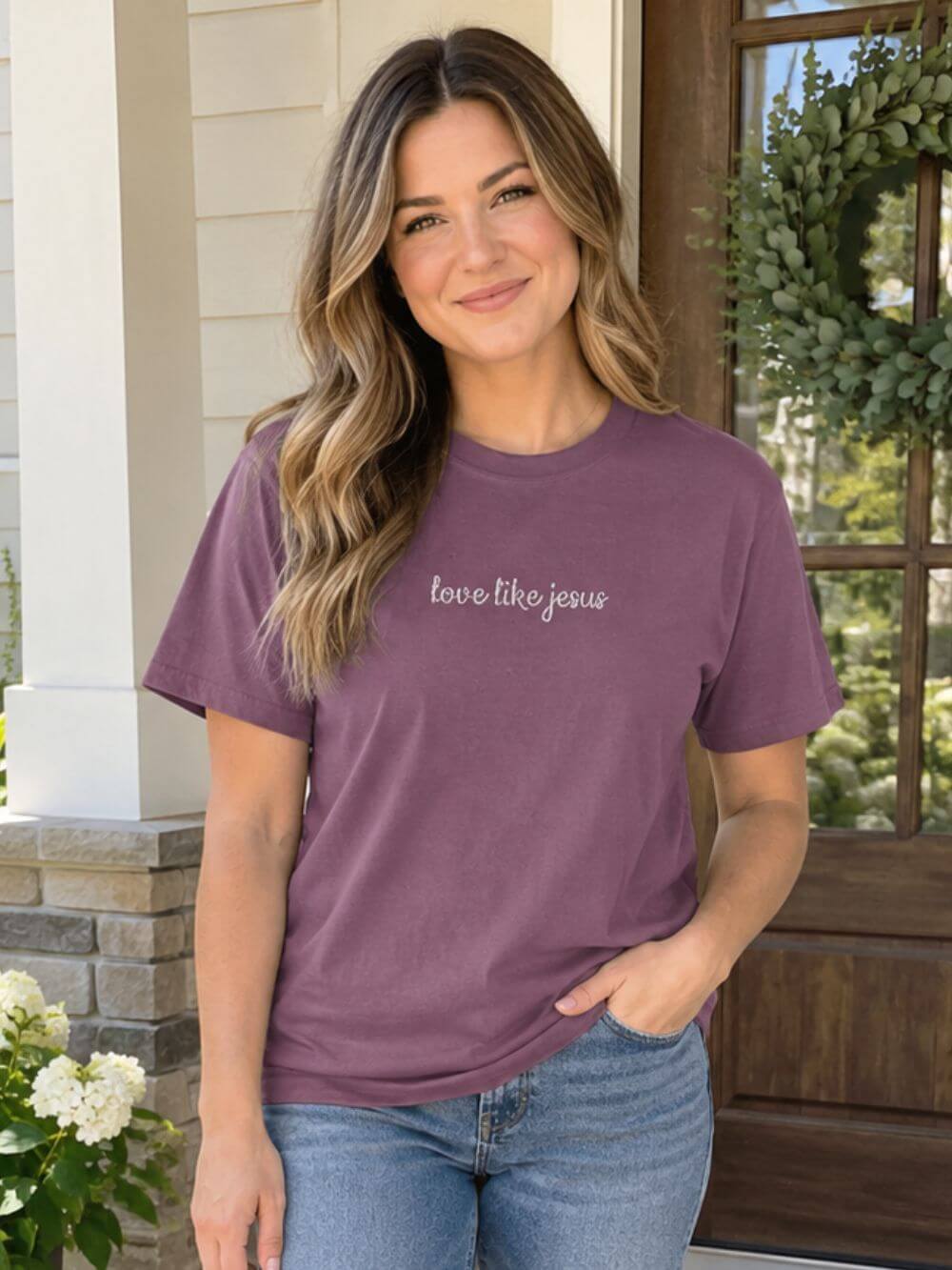 Love Like Jesus Embroidered Script Tee Christian T-Shirt