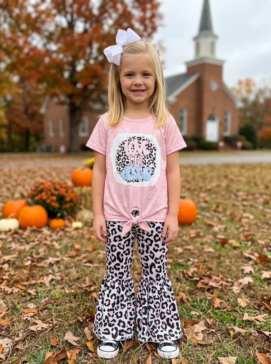 Love Like Jesus Girls Leopard Bell Bottoms Outfit