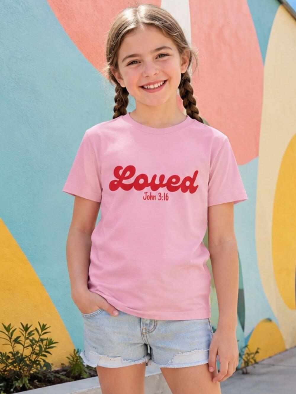 Loved John 3:16 Kids Tee Christian Script Youth T-Shirt