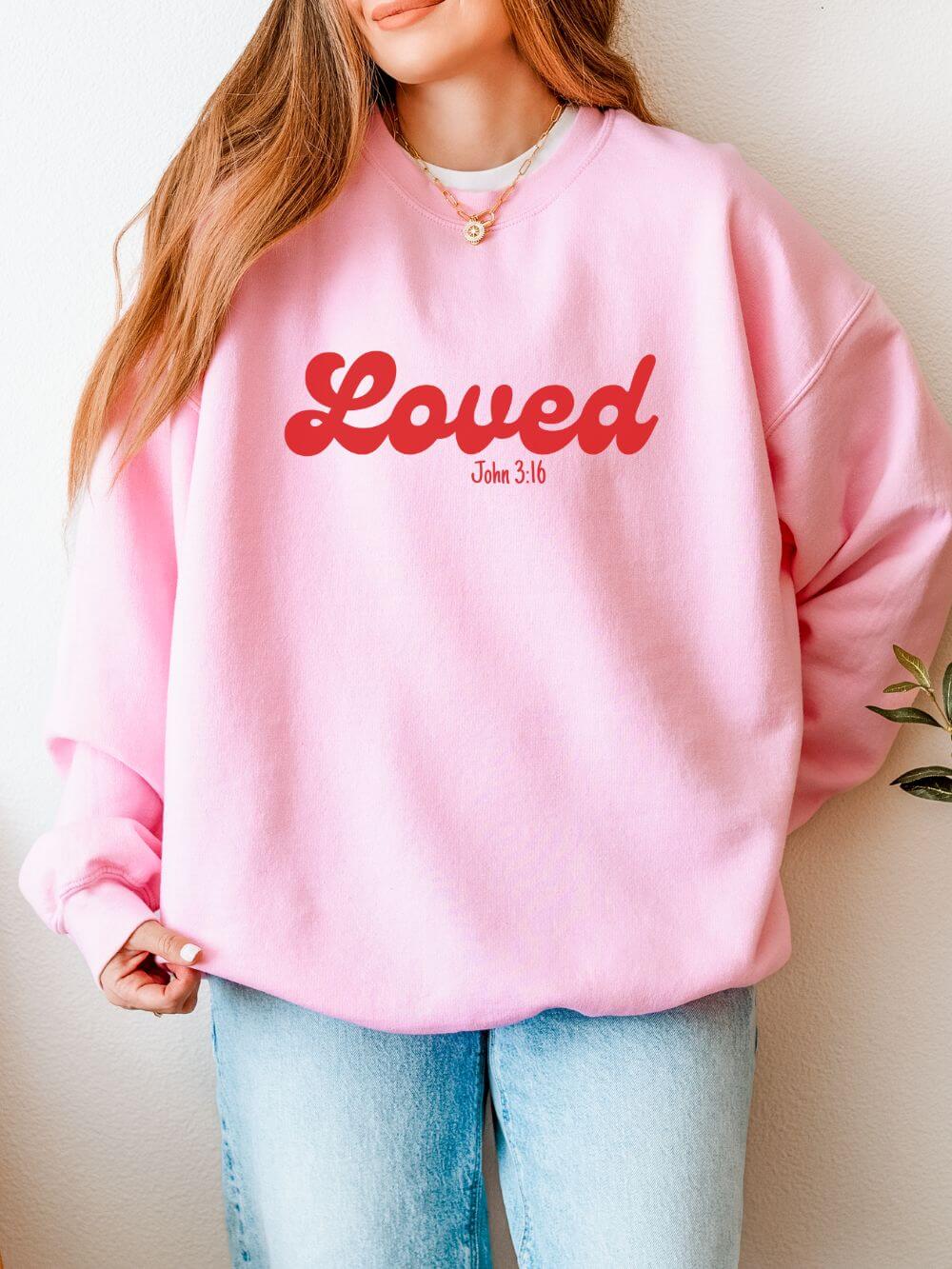 Loved John 3:16 Retro Script Christian Pullover Heavy Blend Women's Cozy Crewneck