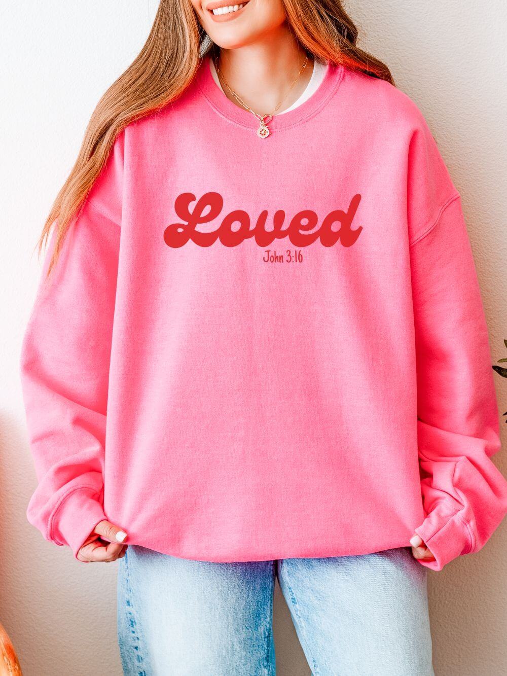 Loved John 3:16 Retro Script Christian Pullover Heavy Blend Women's Cozy Crewneck