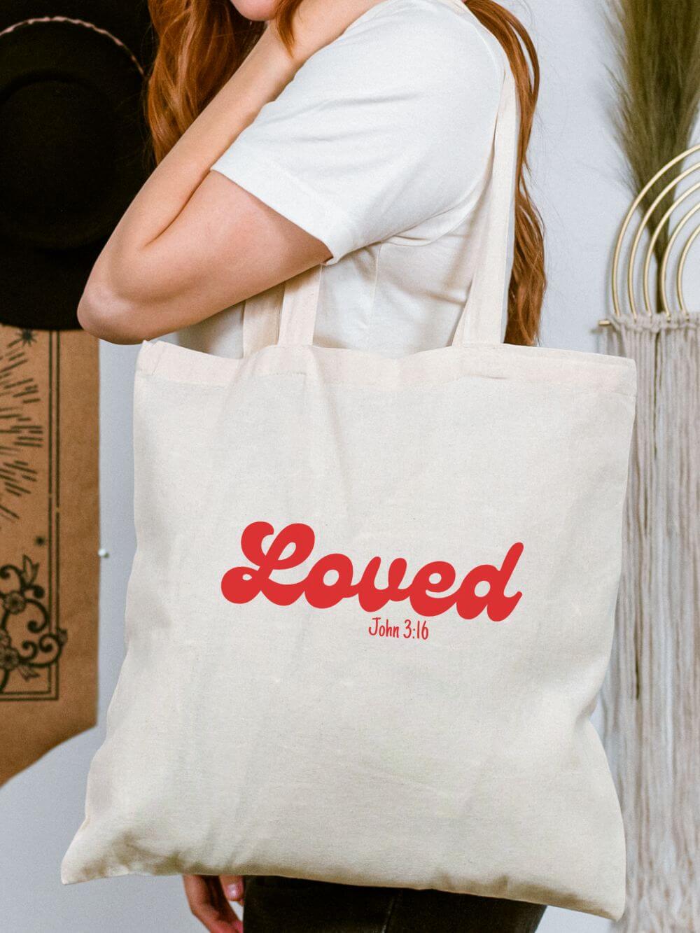 Loved Script John 3:16 Church Bible Christian Cotton Canvas Tote Bag