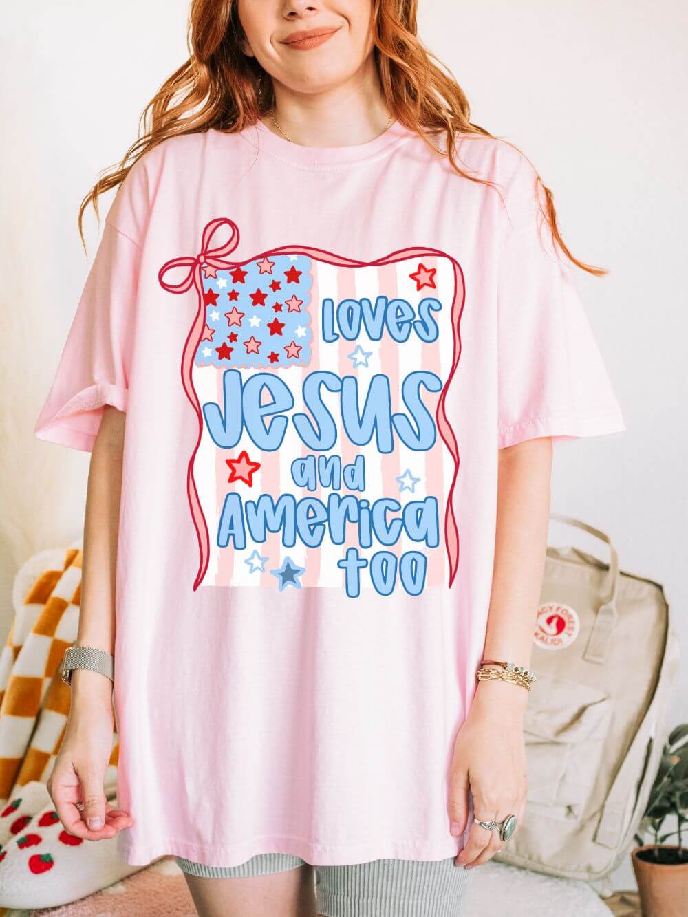 Loves Jesus and America Too T-Shirt Patriotic Christian Graphic Tee