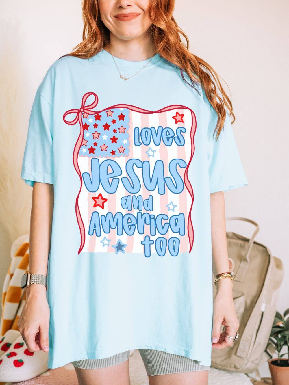 Loves Jesus and America Too T-Shirt Patriotic Christian Graphic Tee
