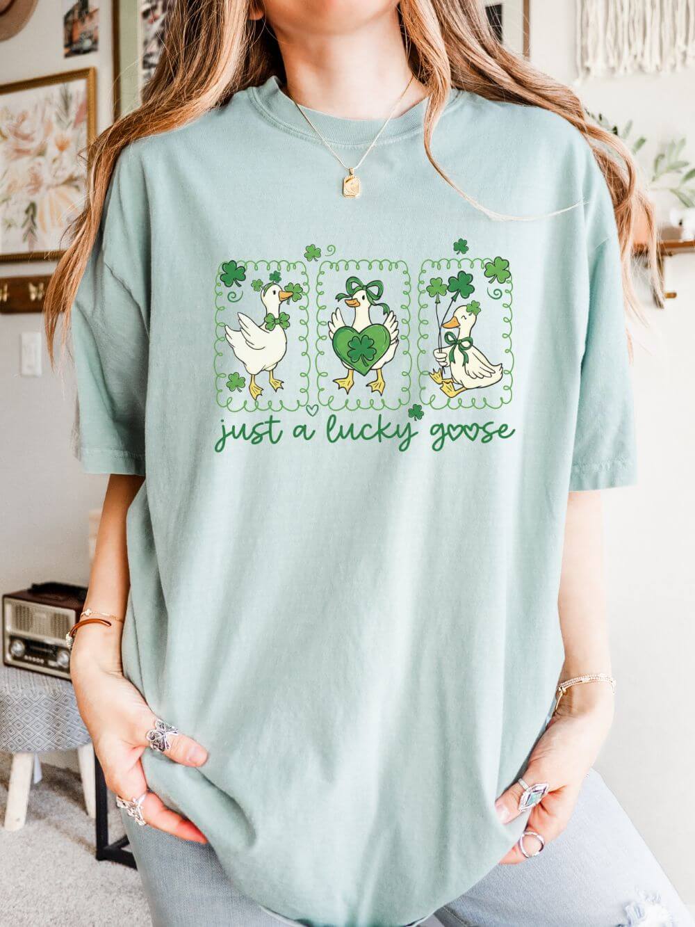 Just a Lucky Goose Stamp St. Patrick's Day Graphic T-Shirt Unisex Short Sleeve Tee