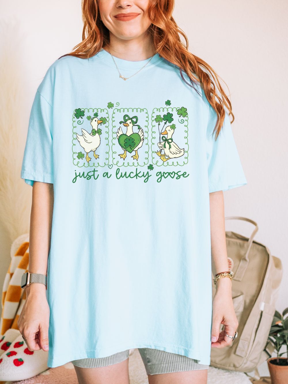 Just a Lucky Goose Stamp St. Patrick's Day Graphic T-Shirt Unisex Short Sleeve Tee
