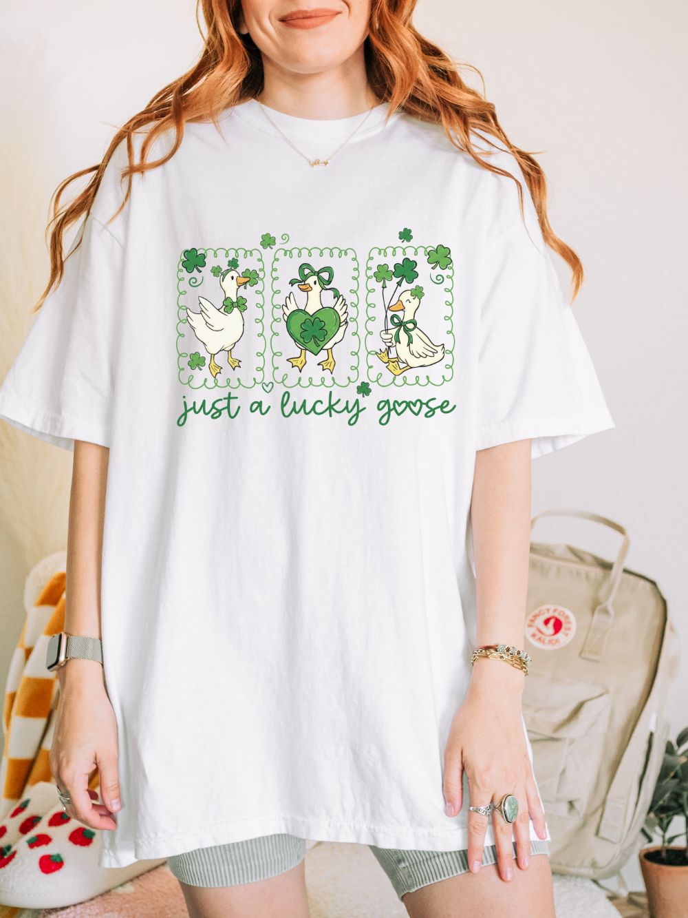 Just a Lucky Goose Stamp St. Patrick's Day Graphic T-Shirt Unisex Short Sleeve Tee