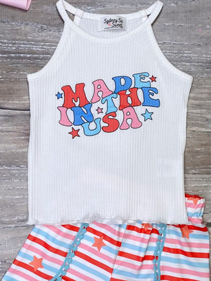 Made In The USA Groovy Red White & Blue Girls Patriotic 4th Of July Shorts Outfit - Sydney So Sweet