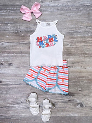 Made In The USA Groovy Red White & Blue Girls Patriotic 4th Of July Shorts Outfit - Sydney So Sweet