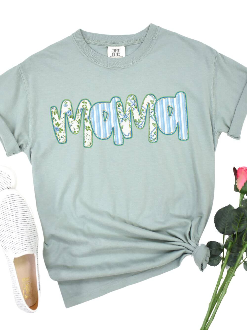 Preppy Blue Floral Mama Comfort Colors Mom Graphic T-Shirt - Sydney So Sweet