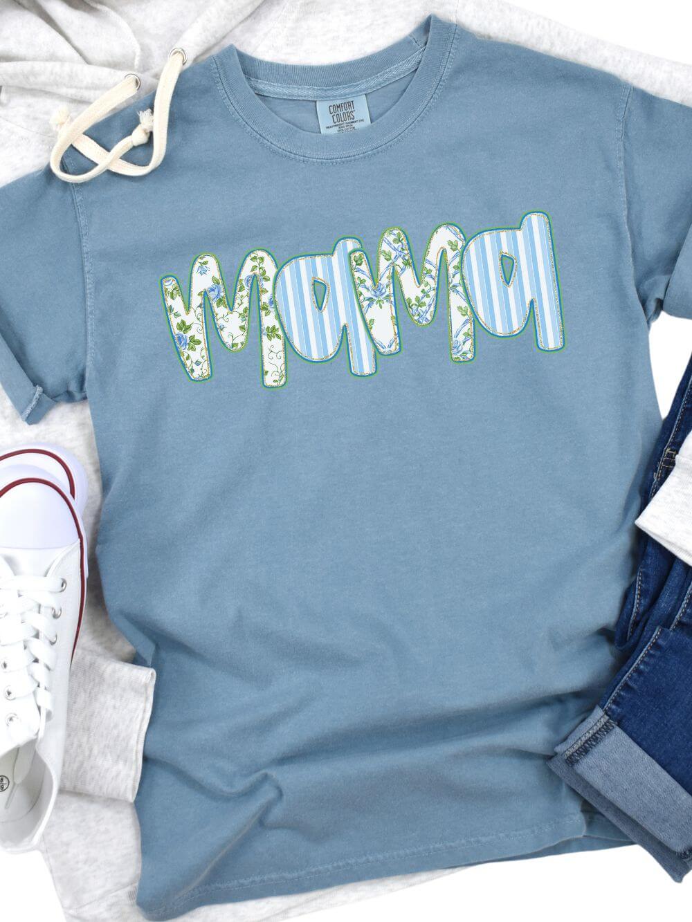 Preppy Blue Floral Mama Comfort Colors Mom Graphic T-Shirt - Sydney So Sweet
