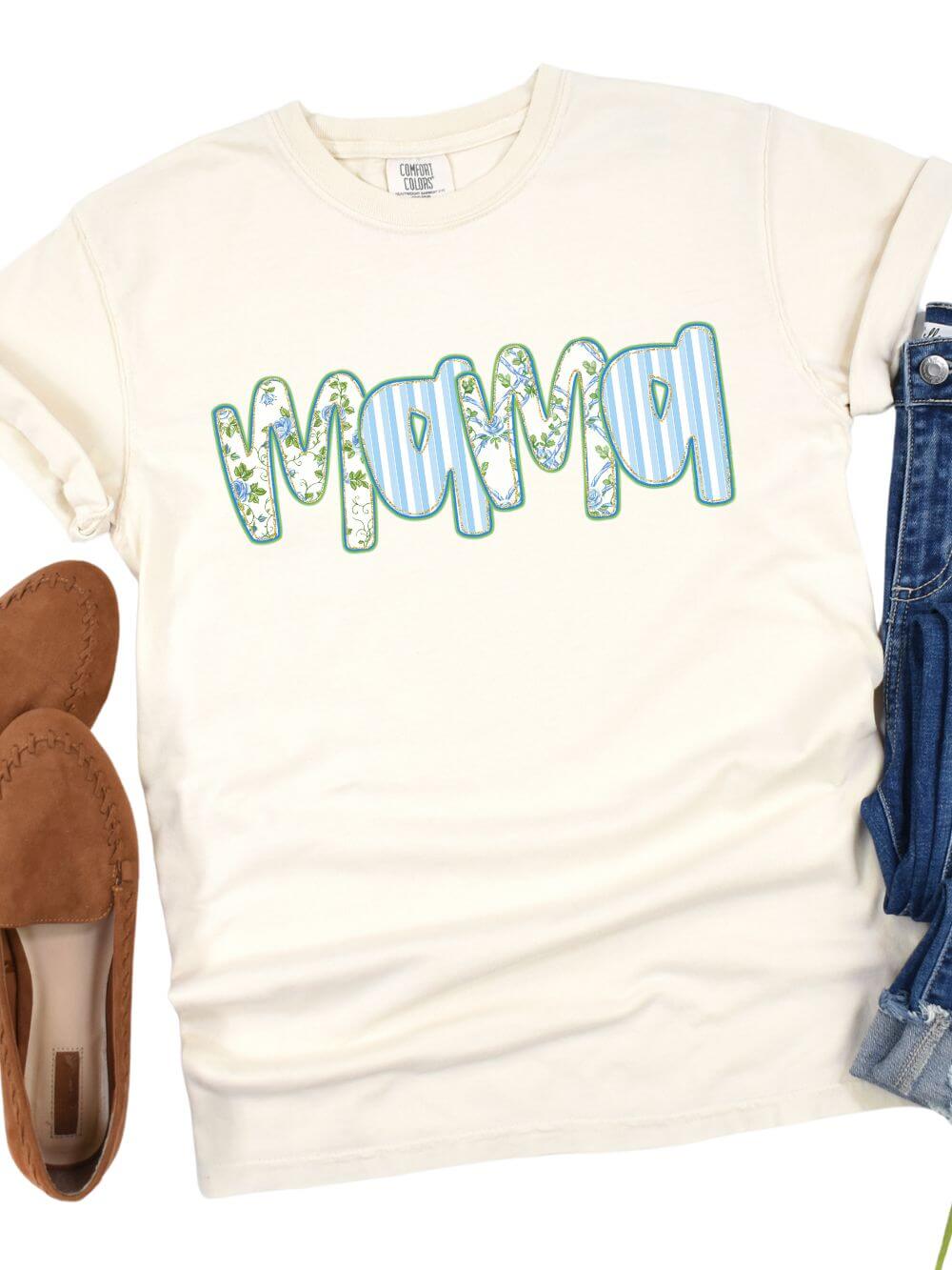 Preppy Blue Floral Mama Comfort Colors Mom Graphic T-Shirt - Sydney So Sweet