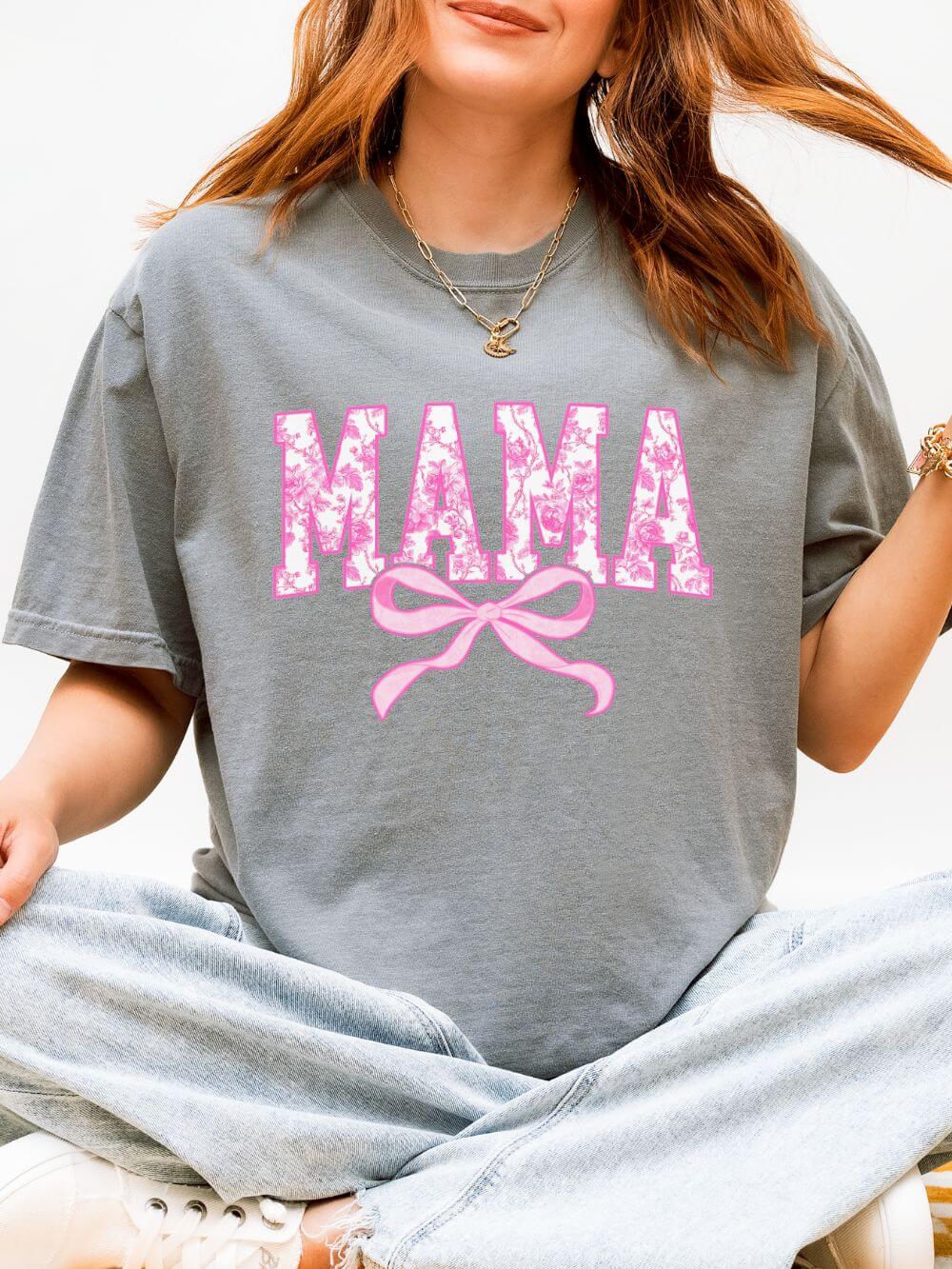 Mama Coquette Pink Toile Bow T-Shirt Cute Mom Graphic Tee