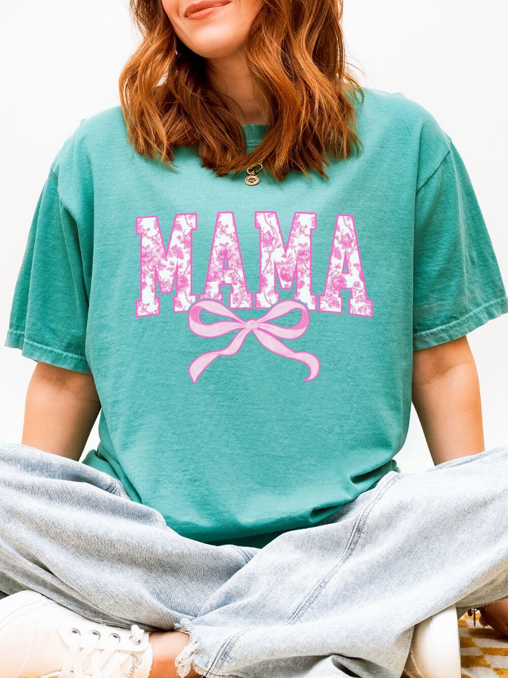 Mama Coquette Pink Toile Bow T-Shirt Cute Mom Graphic Tee