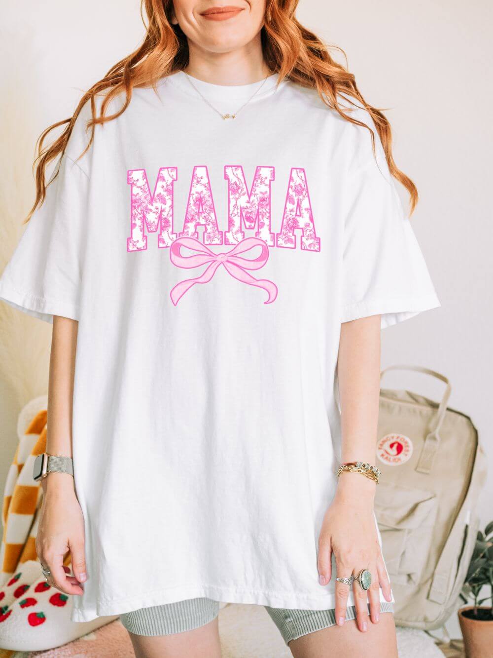 Mama Coquette Pink Toile Bow T-Shirt Cute Mom Graphic Tee