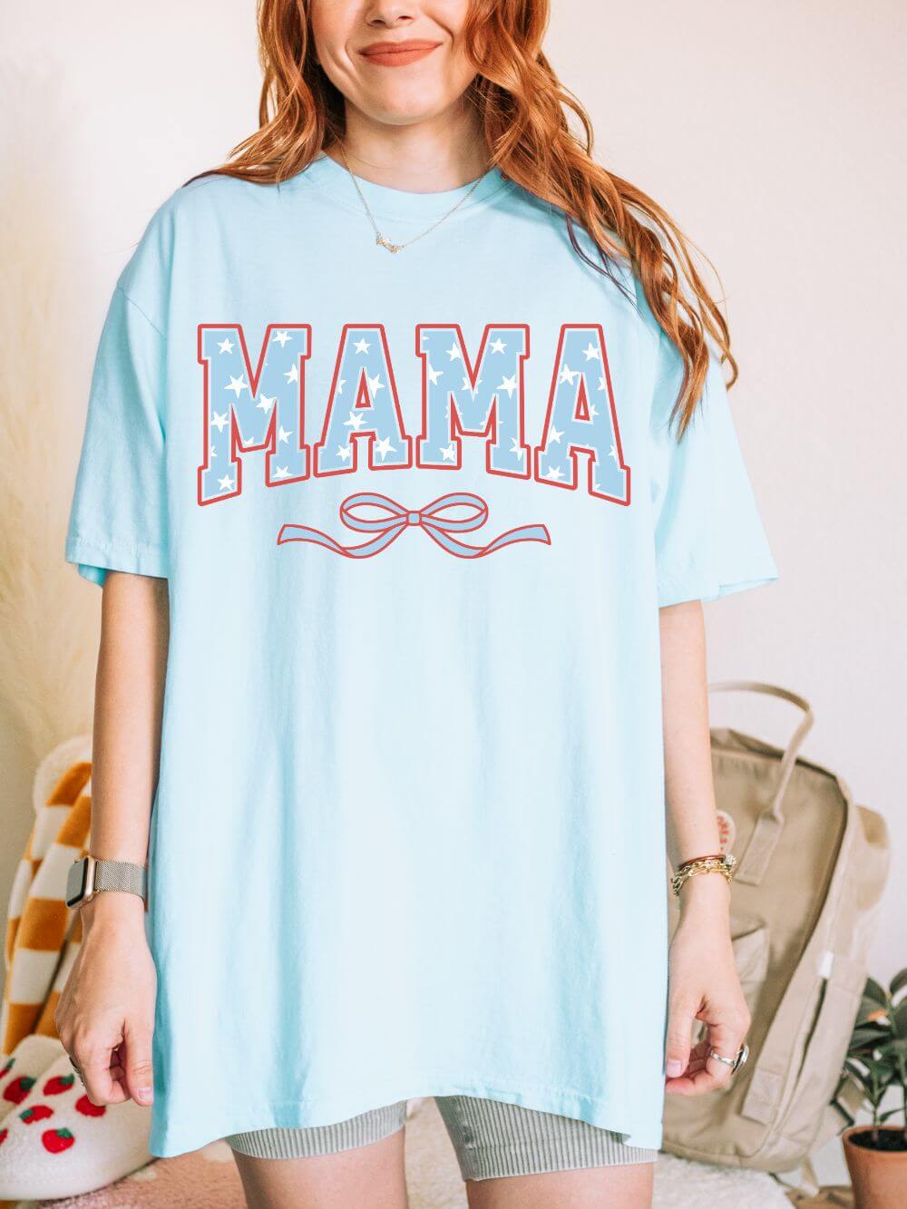 Mama 4th of July USA Coquette Varsity Blue Bow Patriotic T-shirt Preppy Star Tee
