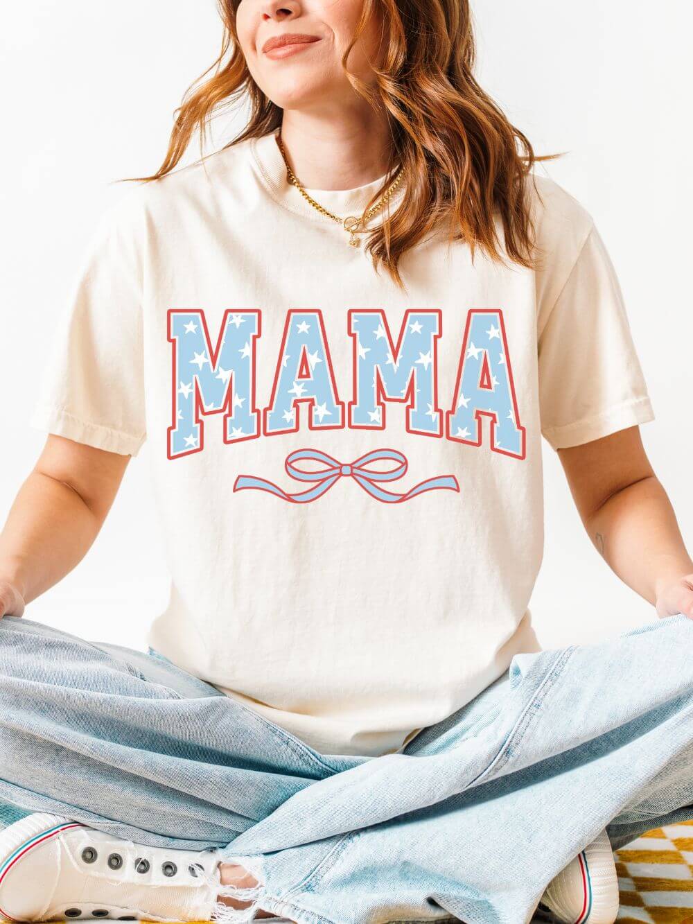 Mama 4th of July USA Coquette Varsity Blue Bow Patriotic T-shirt Preppy Star Tee