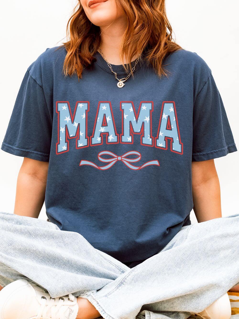 Mama 4th of July USA Coquette Varsity Blue Bow Patriotic T-shirt Preppy Star Tee