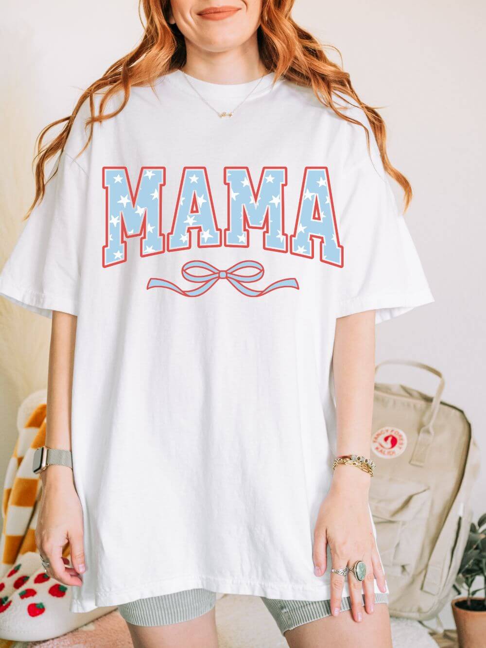 Mama 4th of July USA Coquette Varsity Blue Bow Patriotic T-shirt Preppy Star Tee
