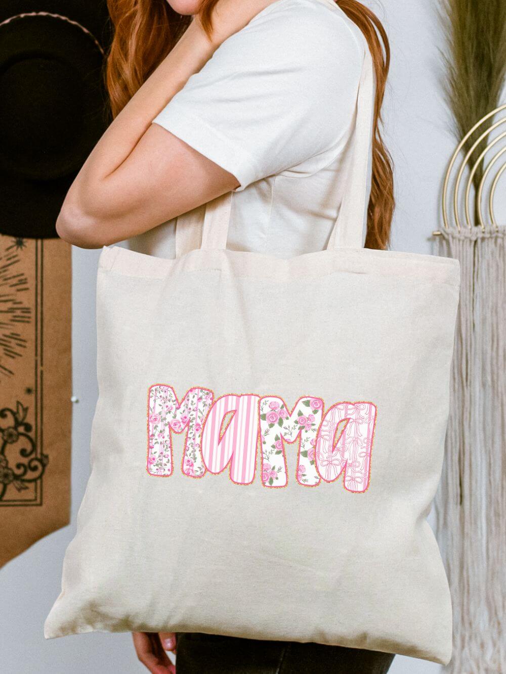 Mama Pink Floral Cotton Canvas Tote Bag