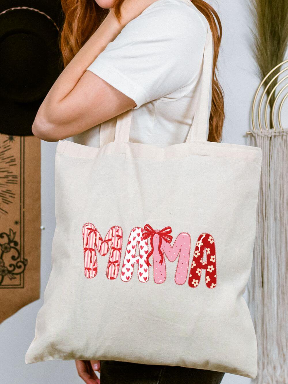 Mama Red & Pink Cotton Canvas Tote Bag