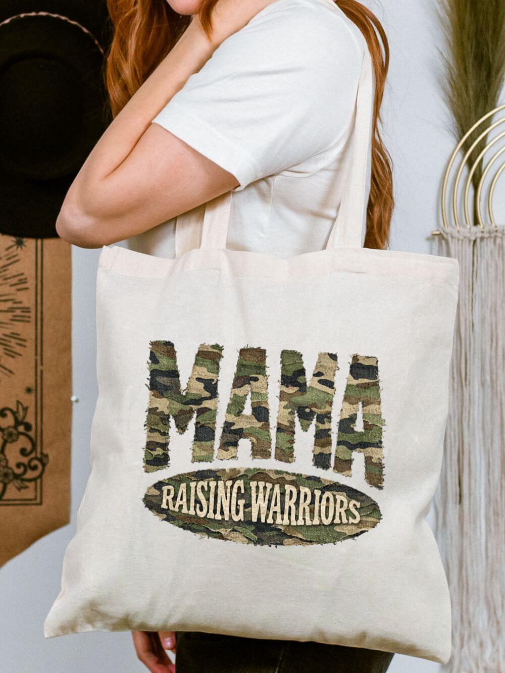 Mama Raising Warriors Camo Cotton Canvas Christian Mom Tote Bag