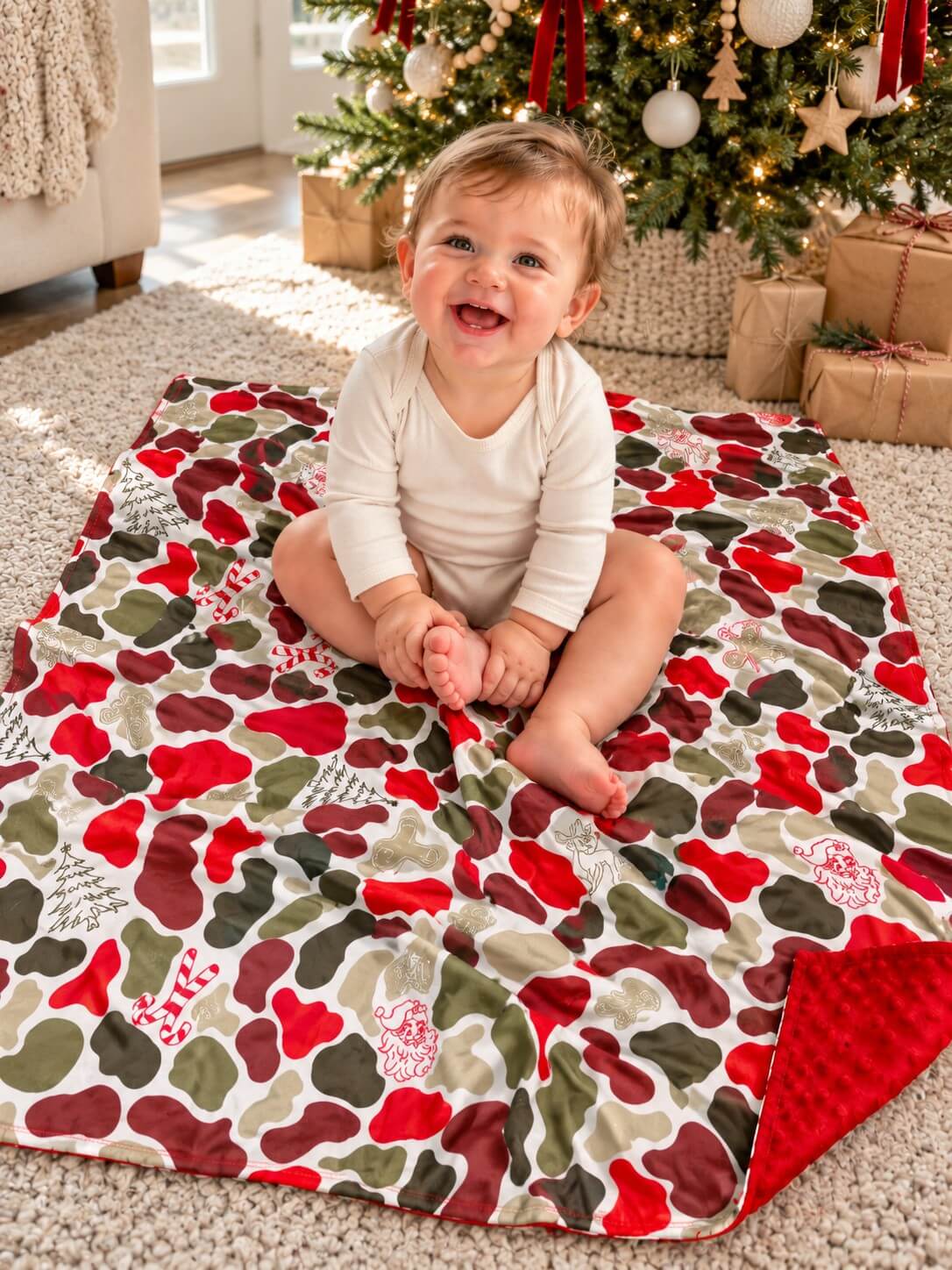 Christmas camouflage baby blanket with red minky dot backing spread out beneath a seated baby