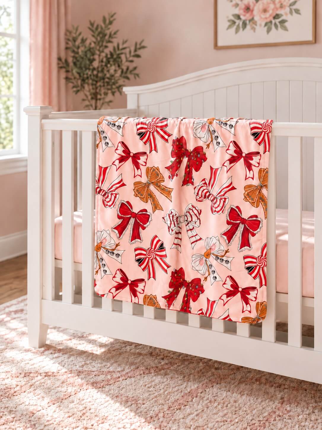 Christmas coquette bow baby blanket with red fleece backing draped over a crib rail