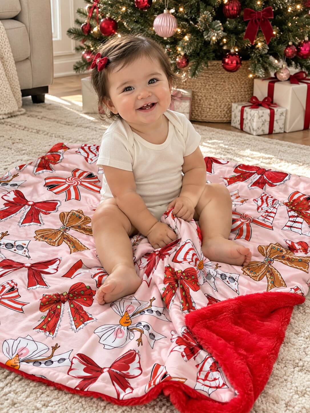 Christmas coquette bow baby blanket with red fleece backing spread out beneath a seated baby