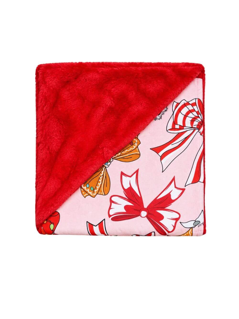Christmas coquette bow baby blanket with red fleece backing folded on white background to show the reverse