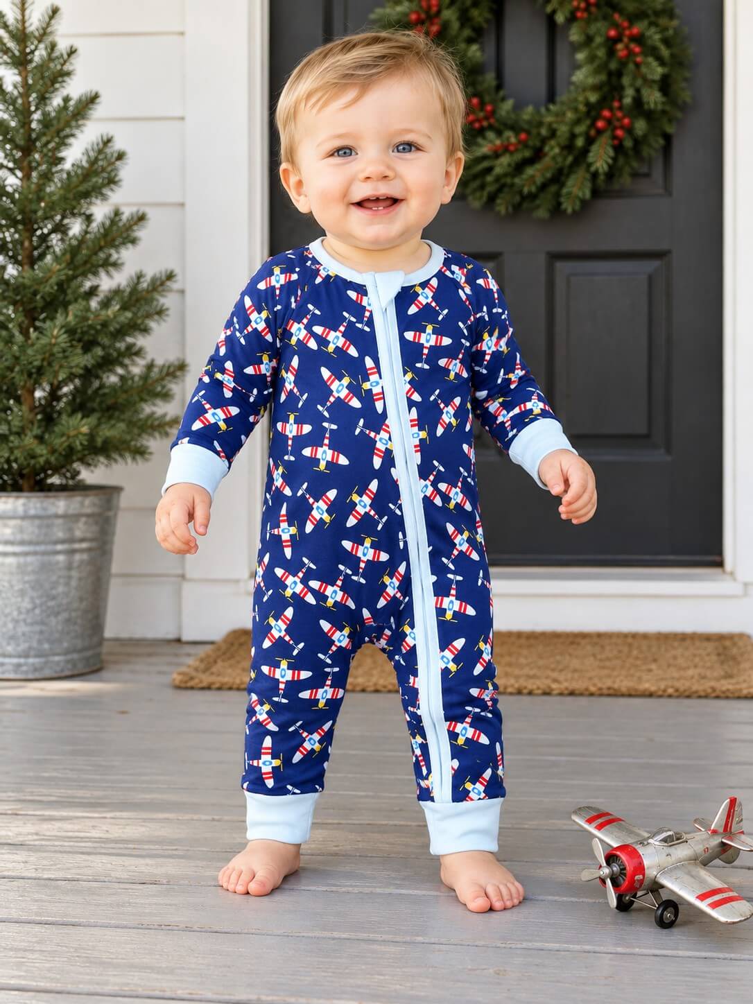 Merry Little Airplanes Boys Zip Up Baby Romper