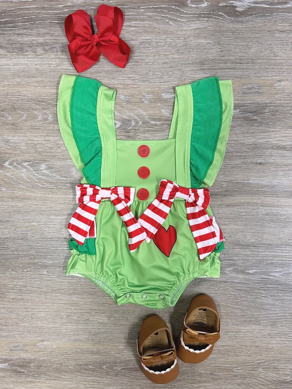 Merry Mischief Green & Red Heart & Boy Baby Bubble Romper - Sydney So Sweet