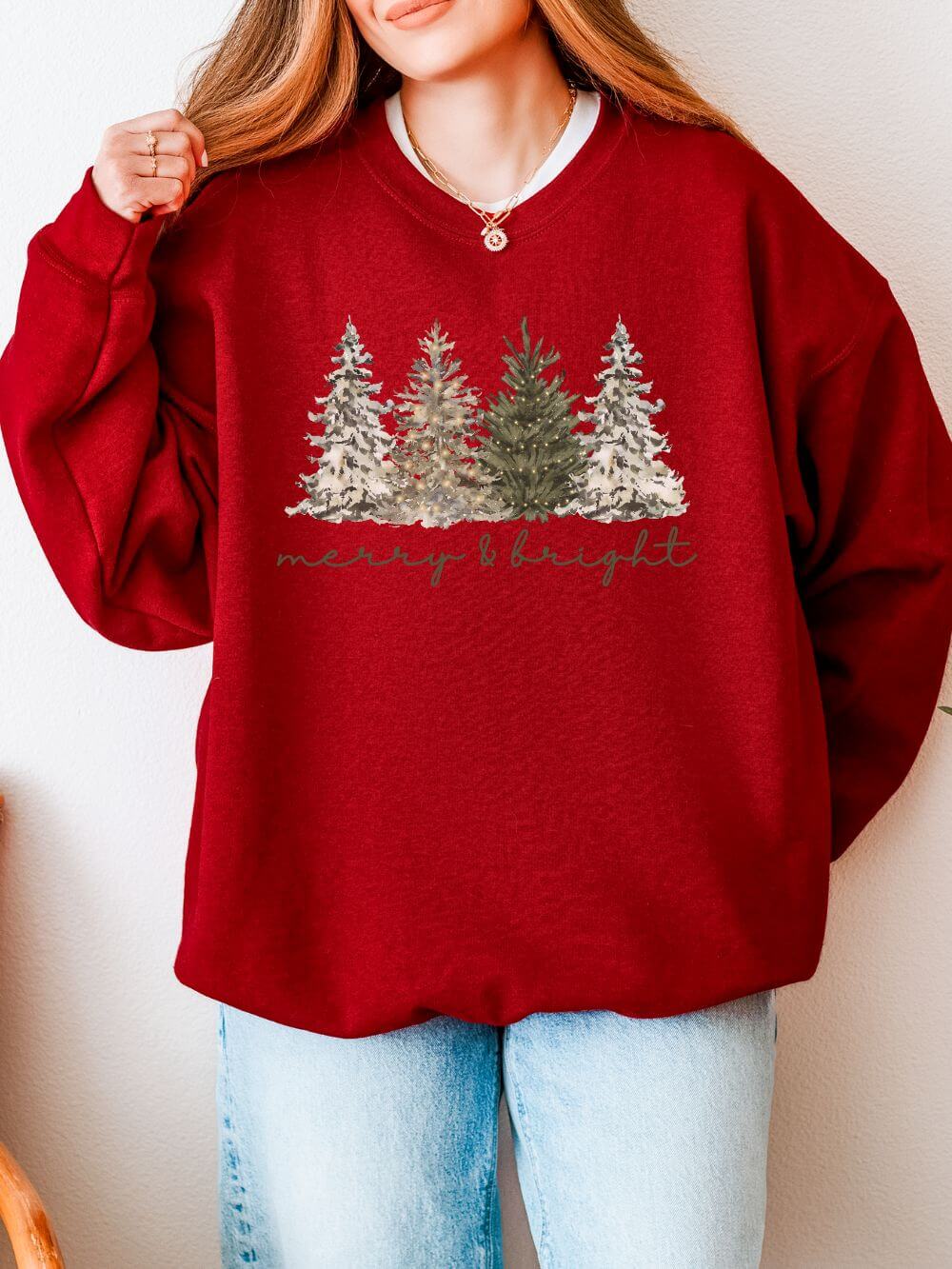 Merry & Bright Winter Trees Heavy Blend Unisex Crewneck Cozy Christmas Sweatshirt - Sydney So Sweet