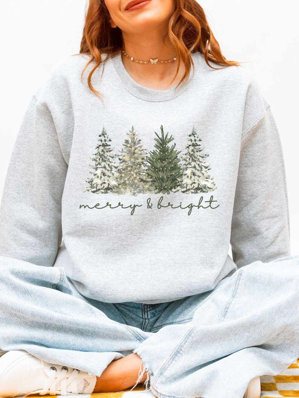 Merry & Bright Winter Trees Heavy Blend Unisex Crewneck Cozy Christmas Sweatshirt - Sydney So Sweet