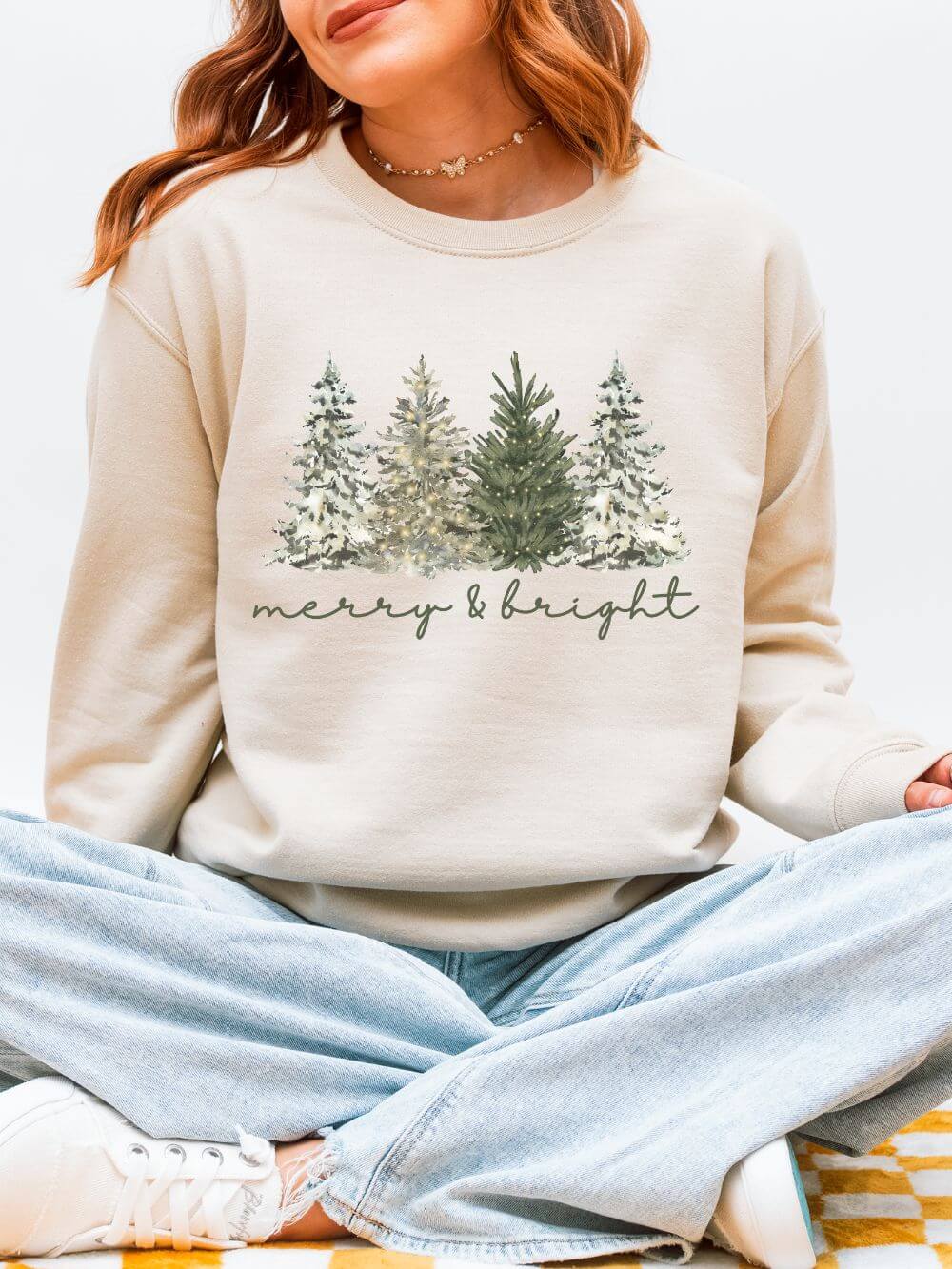 Merry & Bright Winter Trees Heavy Blend Unisex Crewneck Cozy Christmas Sweatshirt - Sydney So Sweet
