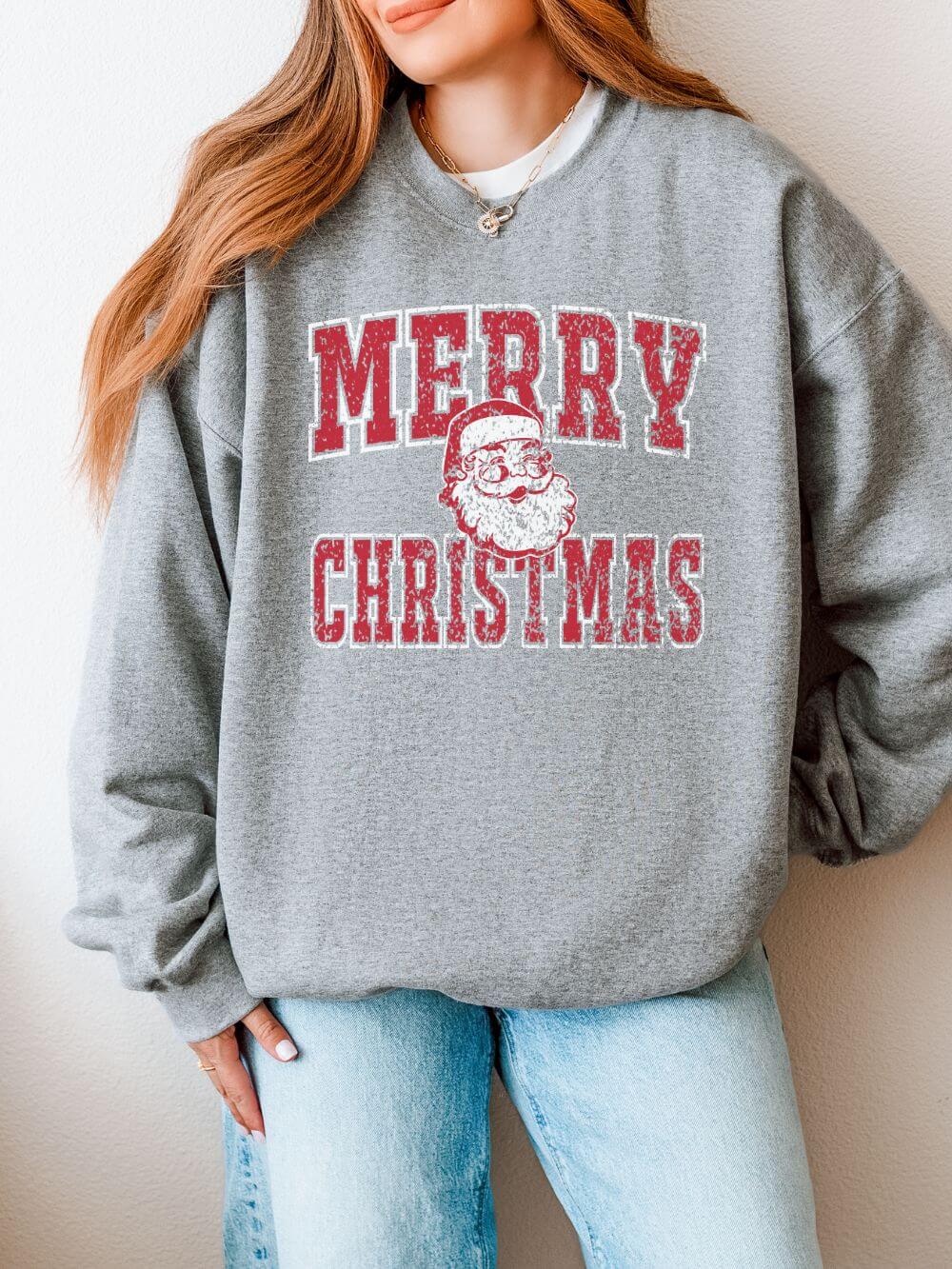Merry Christmas Santa Claus Distressed Heavy Blend Unisex Crewneck Graphic Sweatshirt - Sydney So Sweet