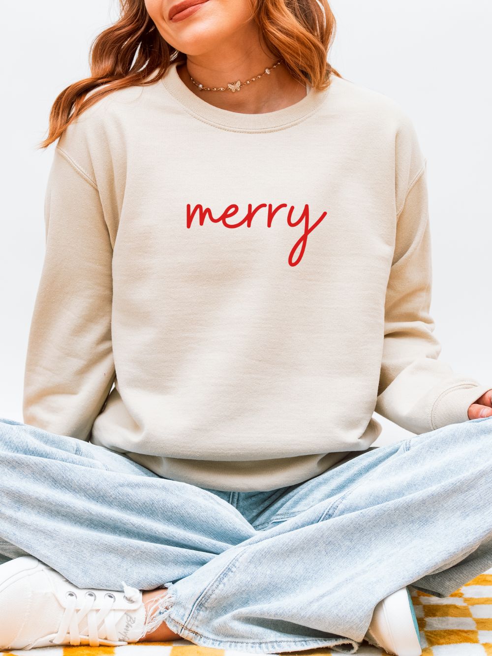 Merry Red Script Heavy Blend Women's Crewneck Embroidered Christmas Holiday Sweatshirt - Sydney So Sweet
