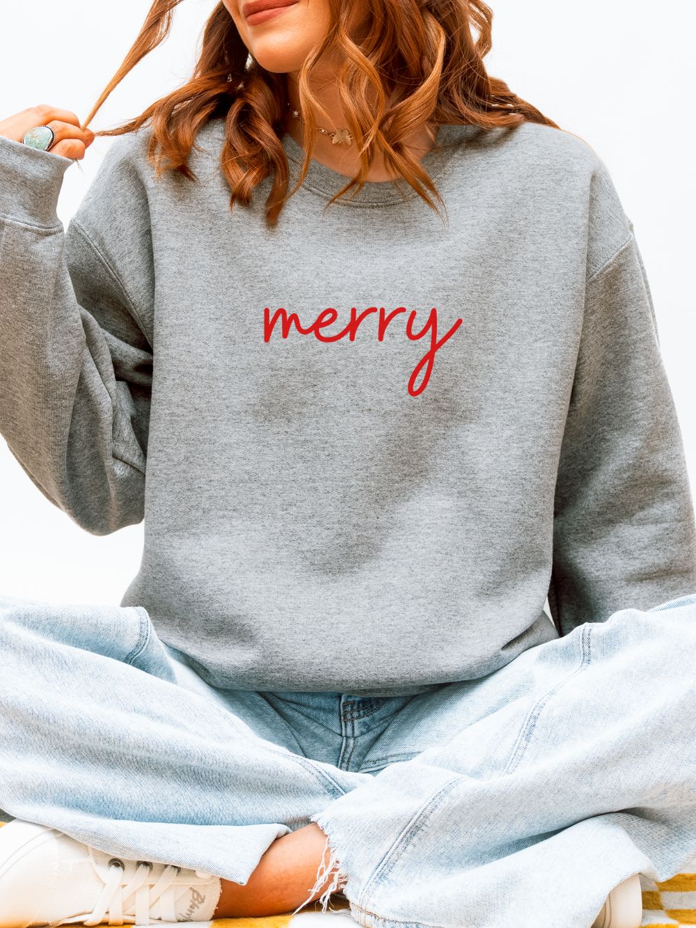 Merry Red Script Heavy Blend Women's Crewneck Embroidered Christmas Holiday Sweatshirt - Sydney So Sweet