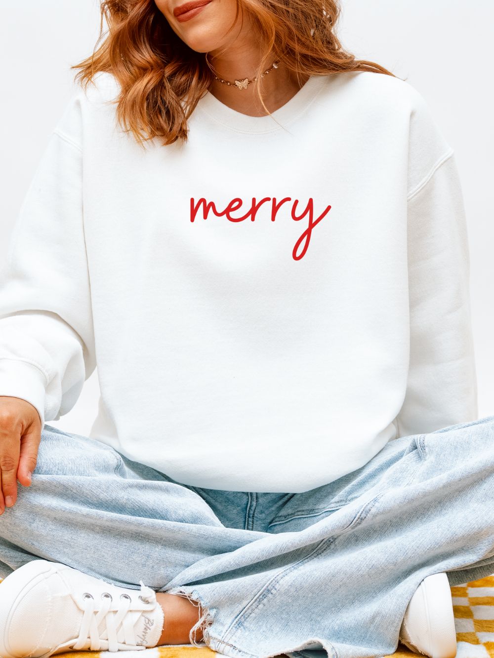 Merry Red Script Heavy Blend Women's Crewneck Embroidered Christmas Holiday Sweatshirt - Sydney So Sweet