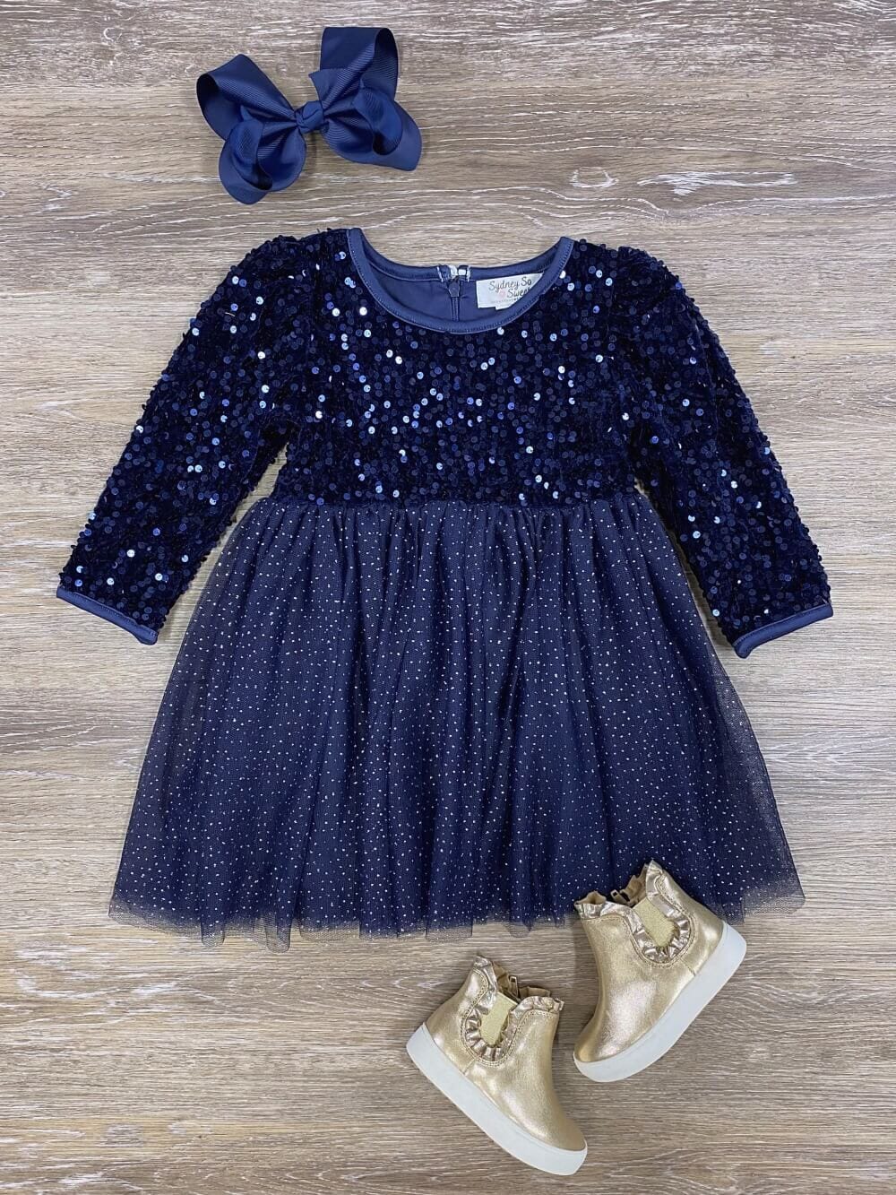 Midnight Blue Sequin Velvet &amp; Chiffon Girls Special Occasion Tutu Dress - Sydney So Sweet