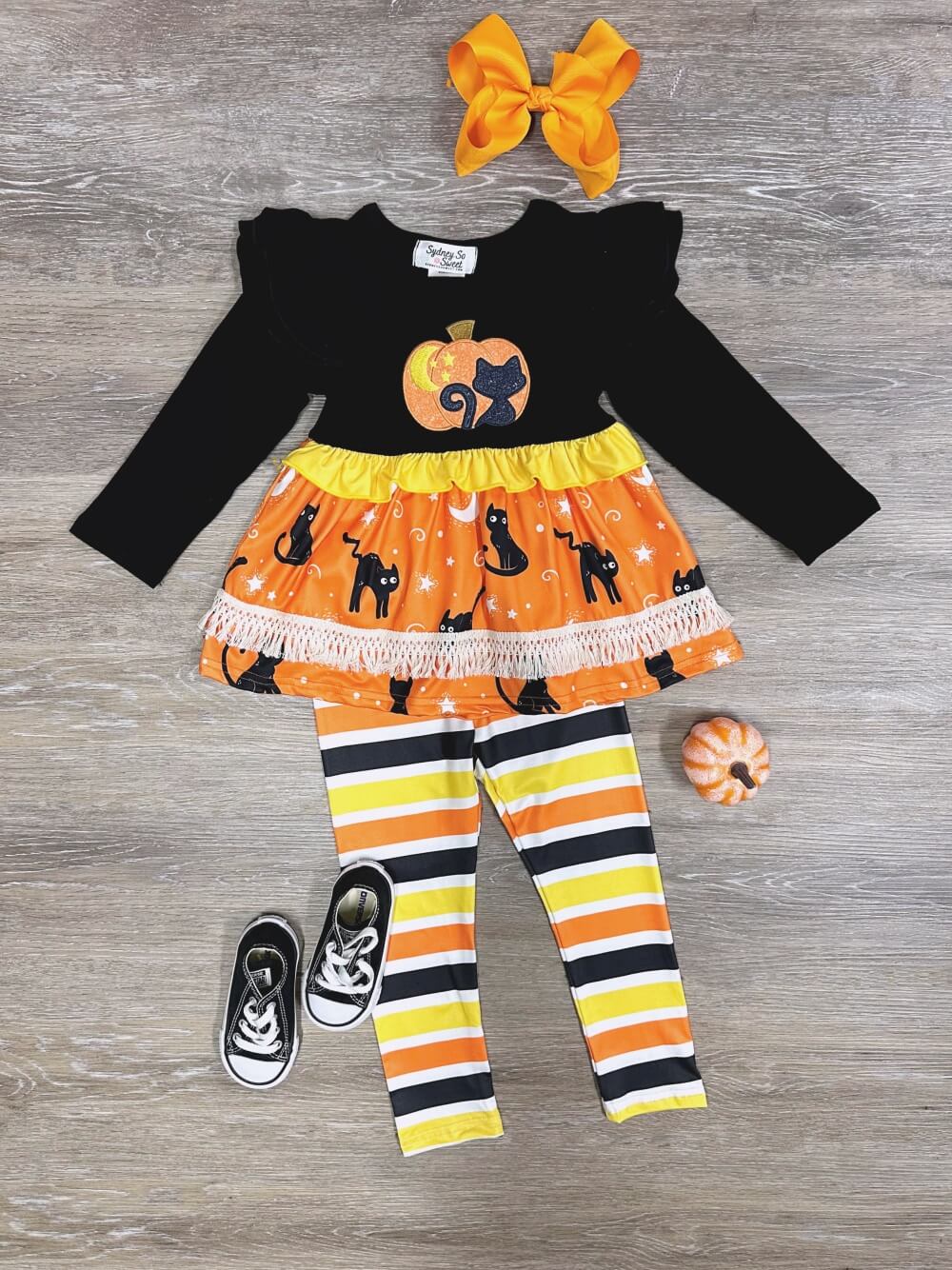 Midnight Cat Girls Tunic &amp; Striped Leggings Outfit - Sydney So Sweet