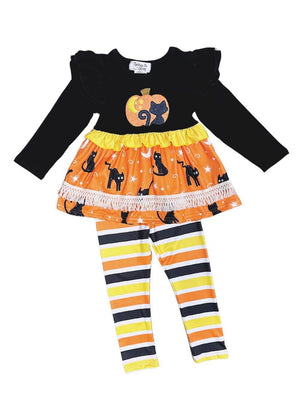 Midnight Cat Girls Tunic & Striped Leggings Outfit - Sydney So Sweet