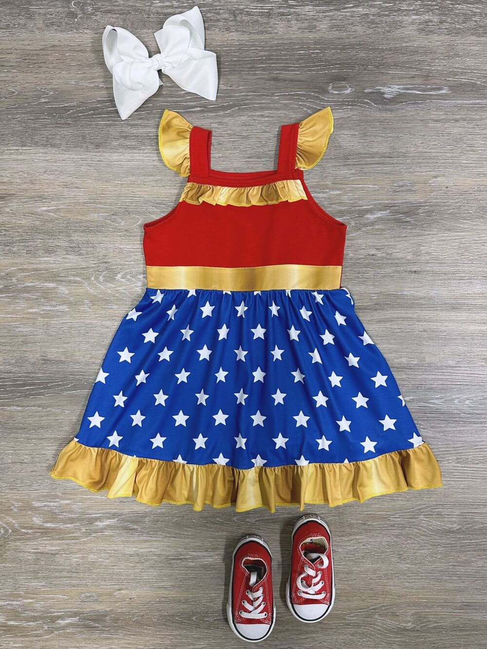 Mighty Girl Red and Blue Star Superhero Dress - Sydney So Sweet